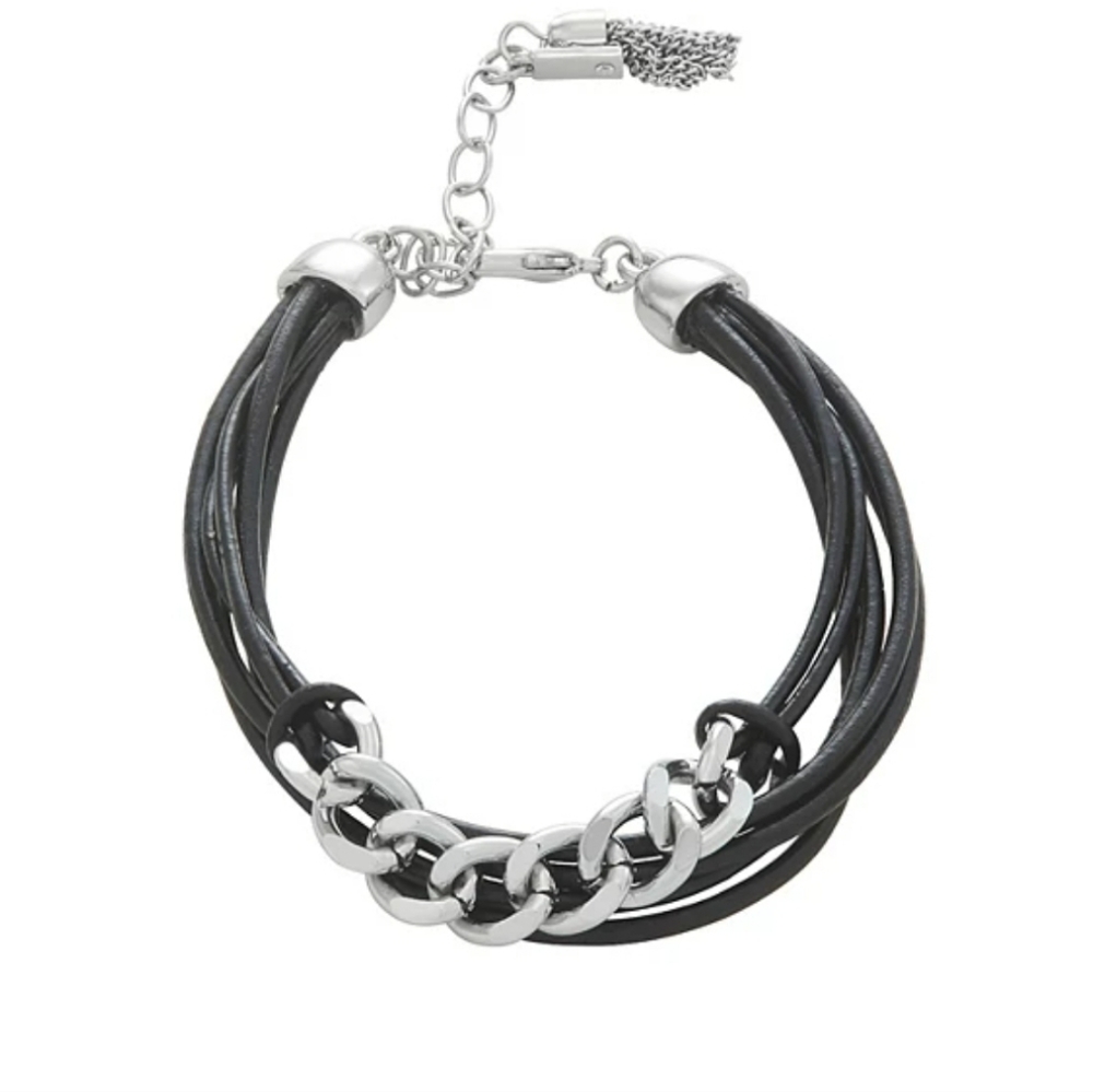 Simply Vera Wang Silver Tone Chain Faux Leather‎ Multi-Strand Bracelet